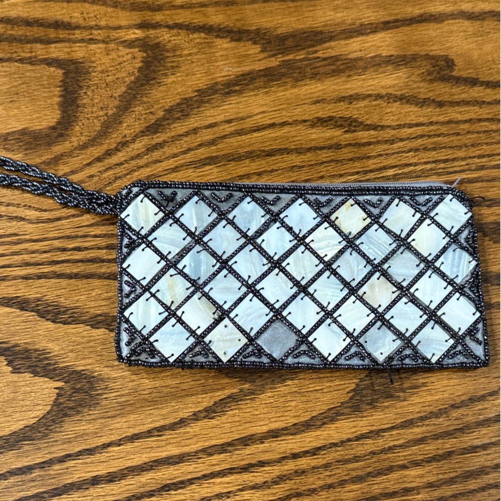 Elegant Blue and White Mother of Pearl Beaded Clutch with some flaws